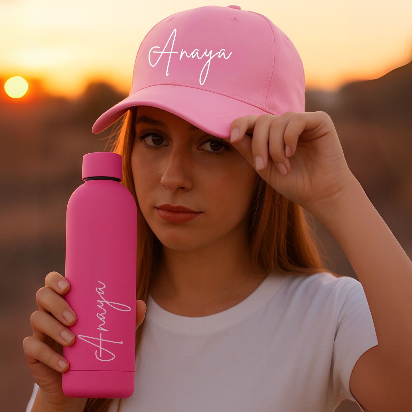 Rakhi Gift for Sister – Personalized Pink Cap with Name & Insulated Tumbler/Bottle