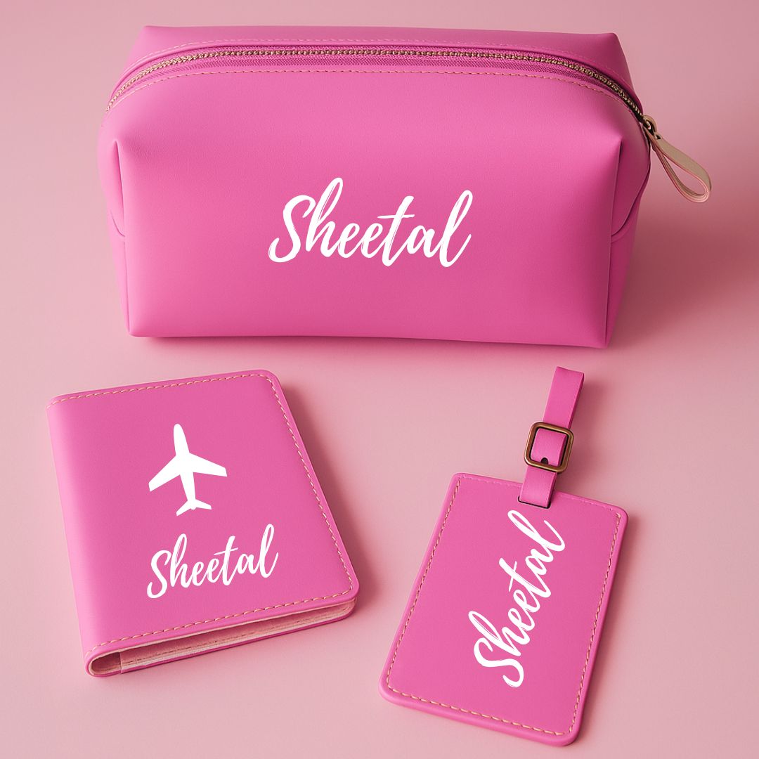 Mother’s Day Gift Box – Travel Combo Set for Mom (Passport Cover, Luggage Tag & Toiletry Bag in Pink PU Leather) - Name