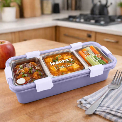 Personalized Stainless Steel Tiffin Box for Kids - 3 Compartment Leak-Proof Lunch Box with Metal Spoon & Cutlery Slot