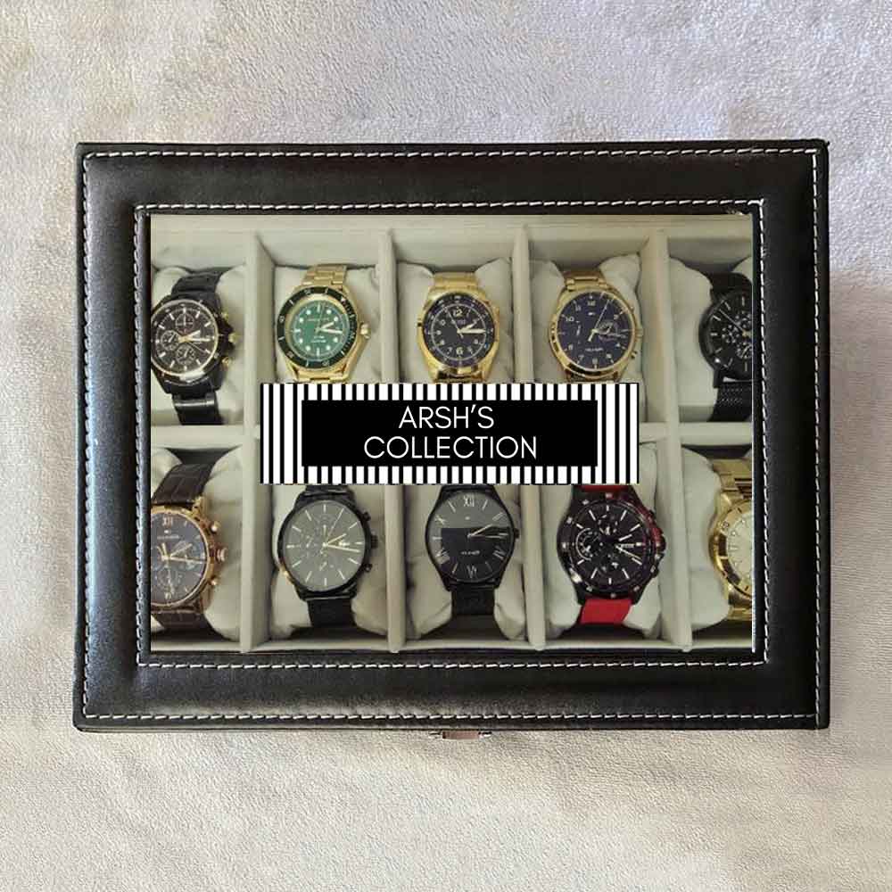 Personalized Watch Box-Stores 6, 10 Watches PU Leather Storage Case-Black