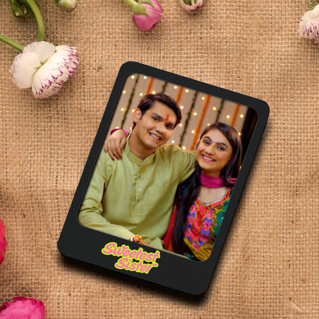 Personalized Raksha Bandhan Gift Box  Photo Fridge Magnet Set of 2 – Unique Polaroid Style Acrylic Photo Frames With Chocolate