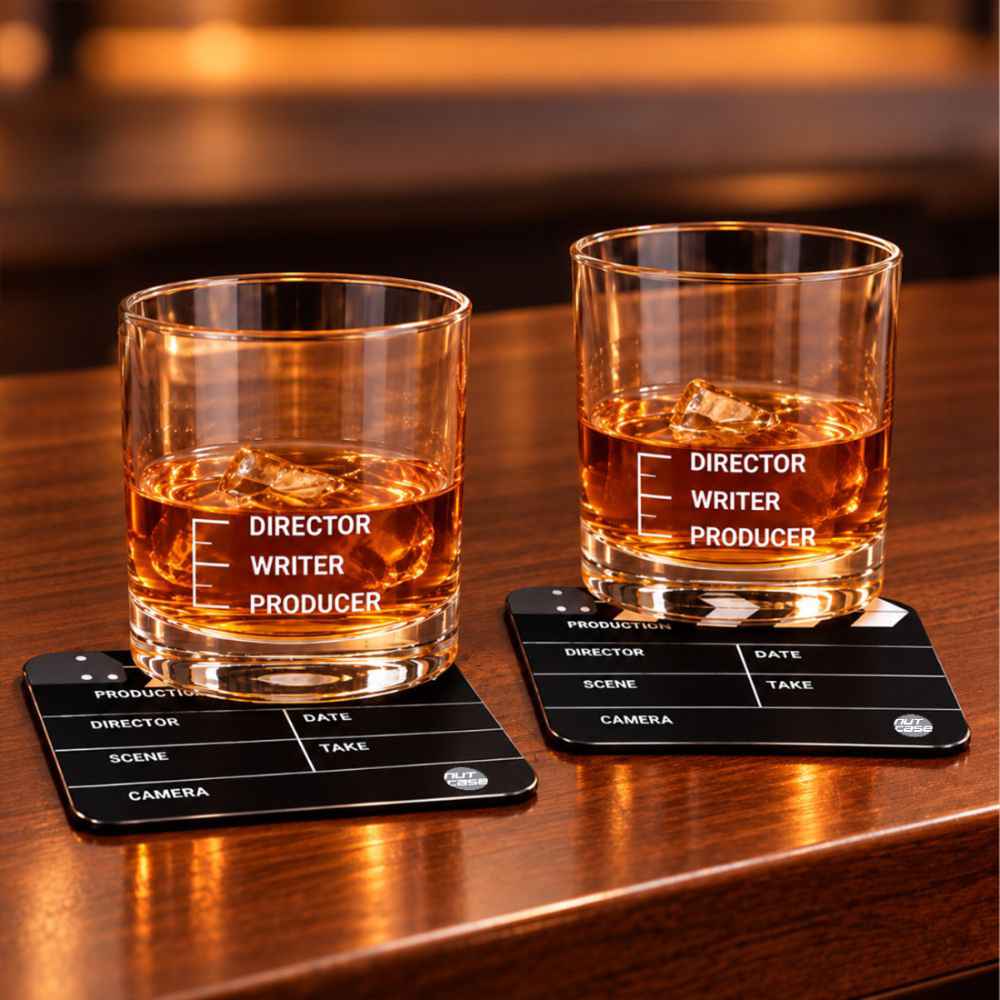 Movie-Themed Gift Set for Film Industry – Funny Peg Measure Glasses Set of 2 & Clapboard Metal Coasters Set of 4 - Filmy