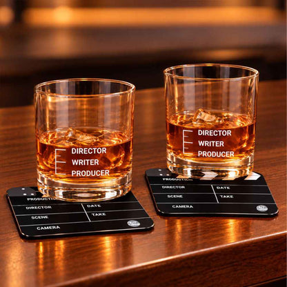 Movie-Themed Gift Set for Film Industry – Funny Peg Measure Glasses Set of 2 & Clapboard Metal Coasters Set of 4 - Filmy