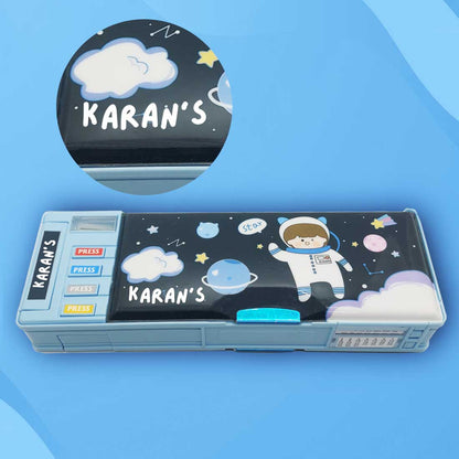 Customize Pencil Box with Name Switch Operated Multi-functional Compass Box for Kids with Press buttons