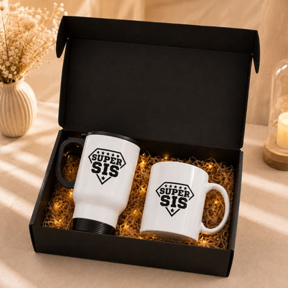 Cool Gifts for Sister with a Fairy Light Box  | Super Sis Printed Mug Gift Set for Rakshabandhan Gift- White Stainless Steel Travel Coffee Mug & Ceramic Tea Cup