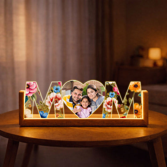 Customized Photo Lamp for Mom – Premium LED Desk Lamp with Wooden Base