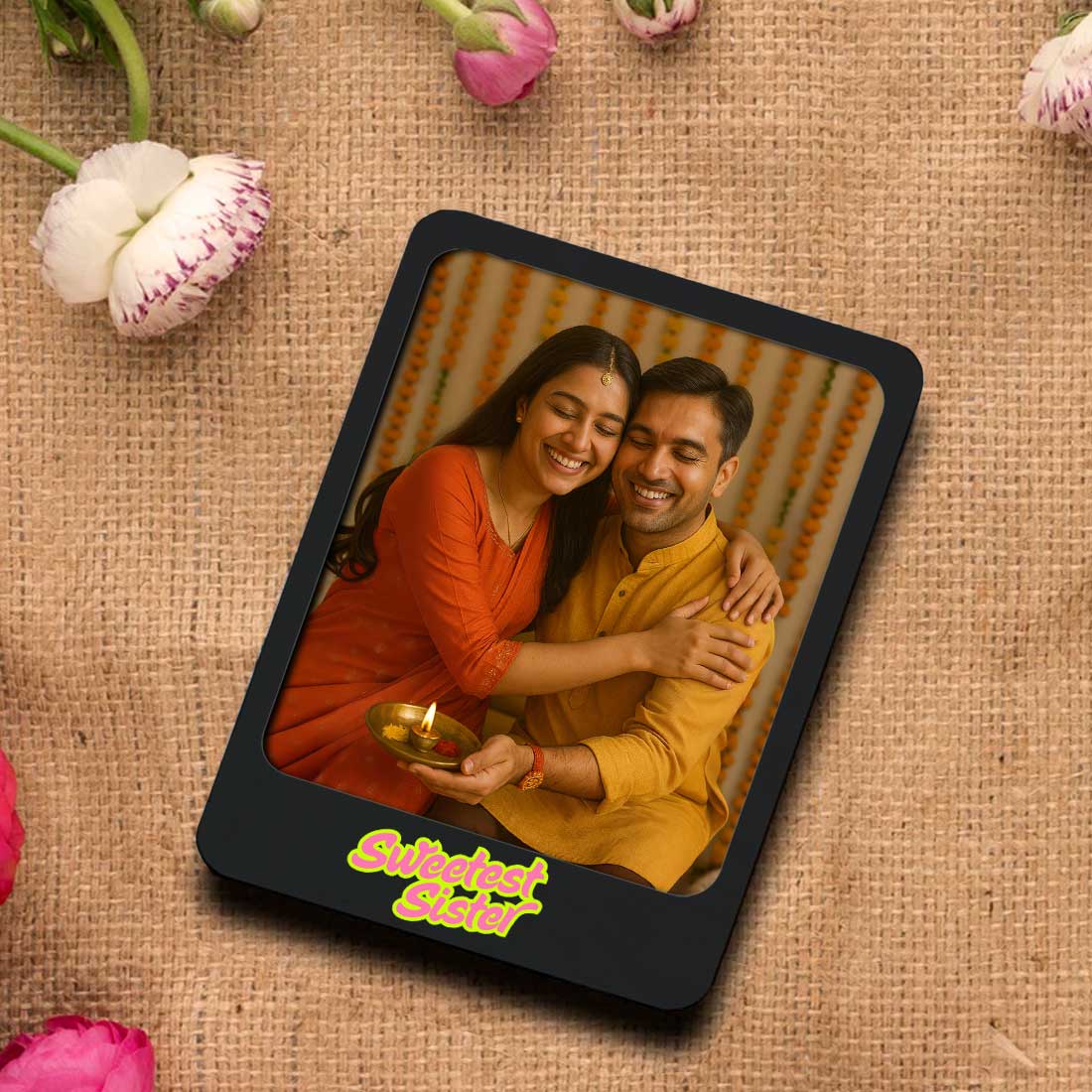 Personalized Raksha Bandhan Gift Box  Photo Fridge Magnet Set of 2 – Unique Polaroid Style Acrylic Photo Frames With Chocolate