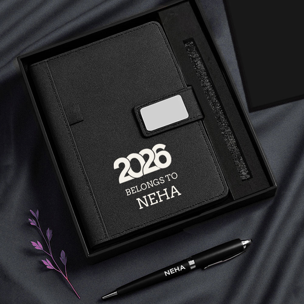 Custom Diary with Matching Engraved Pen | Premium Leatherette Diary with Name Black Gift Box
