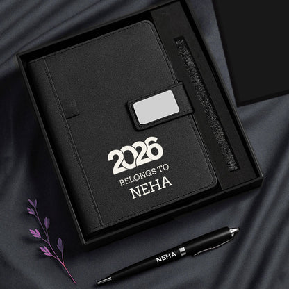 Custom Diary with Matching Engraved Pen | Premium Leatherette Diary with Name Black Gift Box