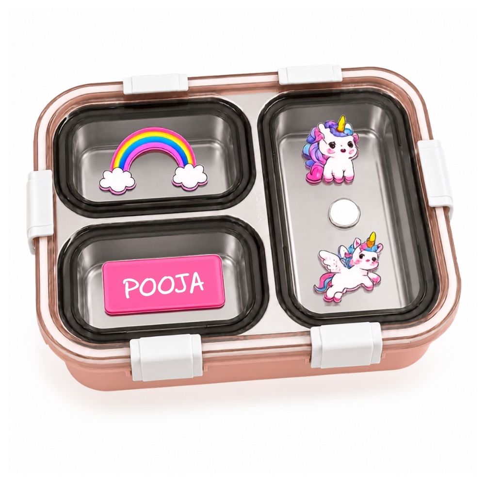 Personalized Kids Stainless Steel Lunch Box | Custom Name 3 Compartment Leakproof Tiffin Box