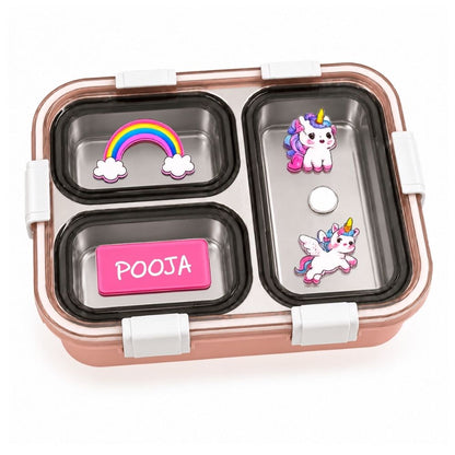 Personalized Kids Stainless Steel Lunch Box | Custom Name 3 Compartment Leakproof Tiffin Box