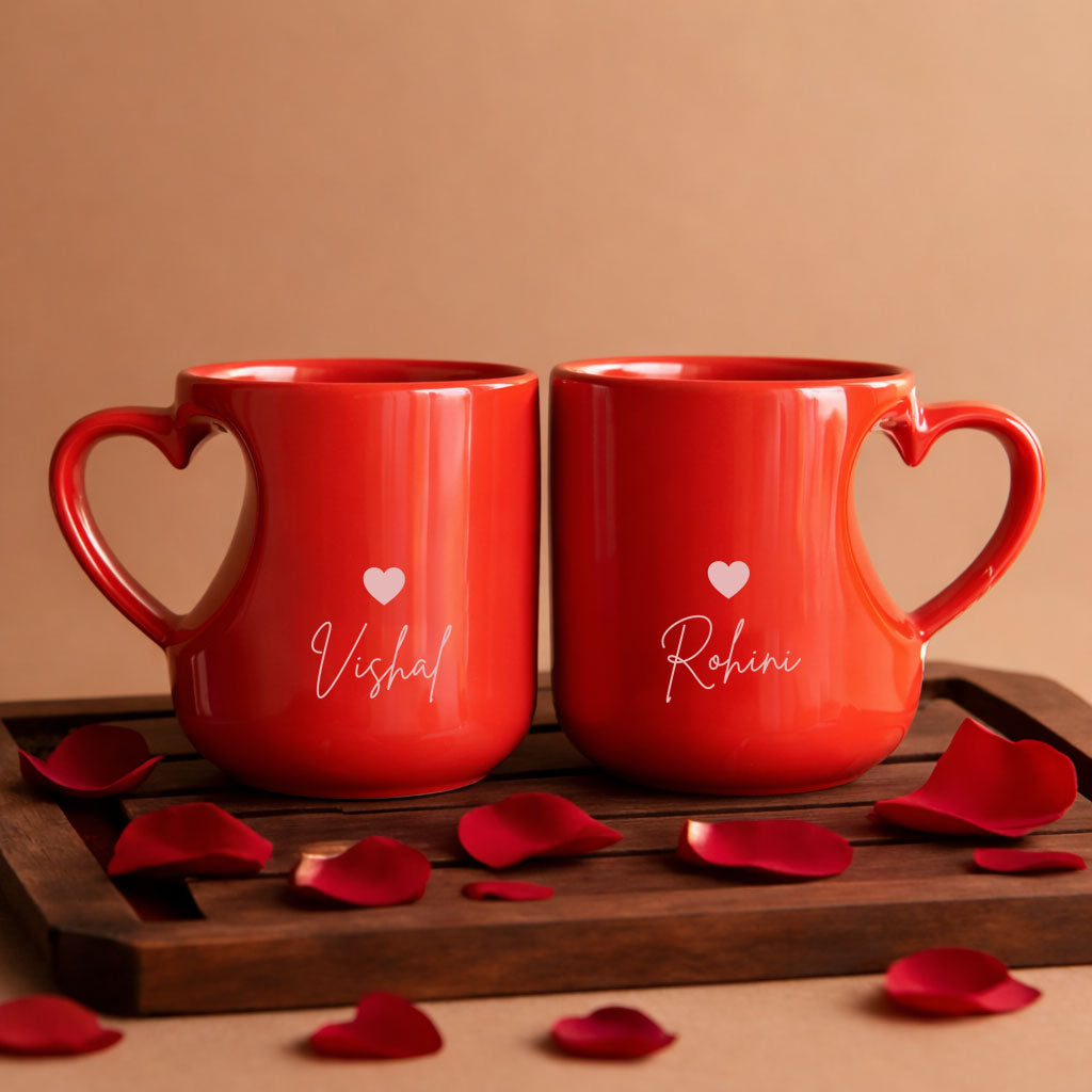 Custom Coffee Mugs for Couple – Red Heart Handle Cups with Name
