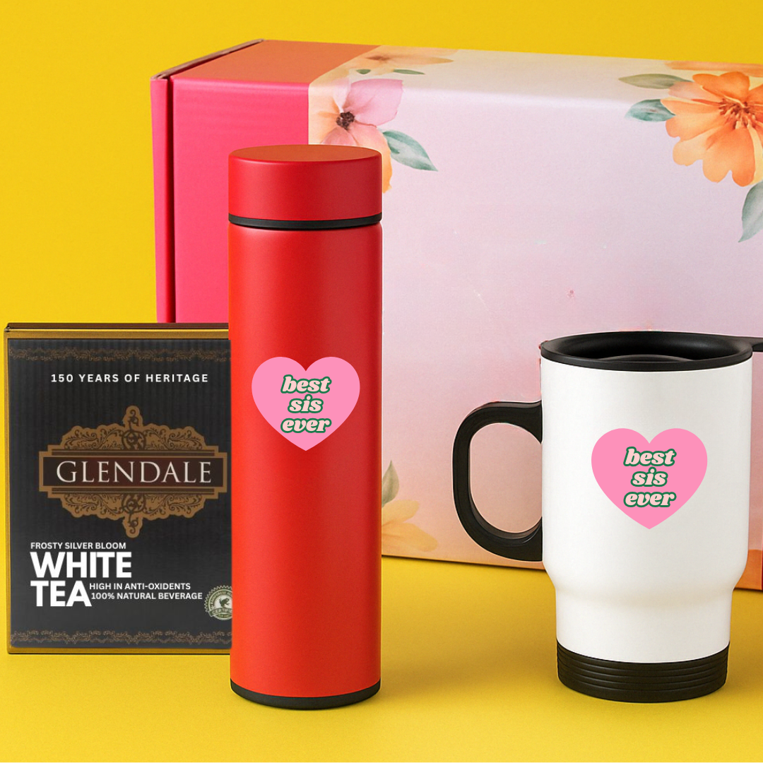 Personalized Rakhi Gift for Sister – Unique Raksha Bandhan Gift Idea - Custom Temperature Flask, Insualted Mug And White Tea Pack