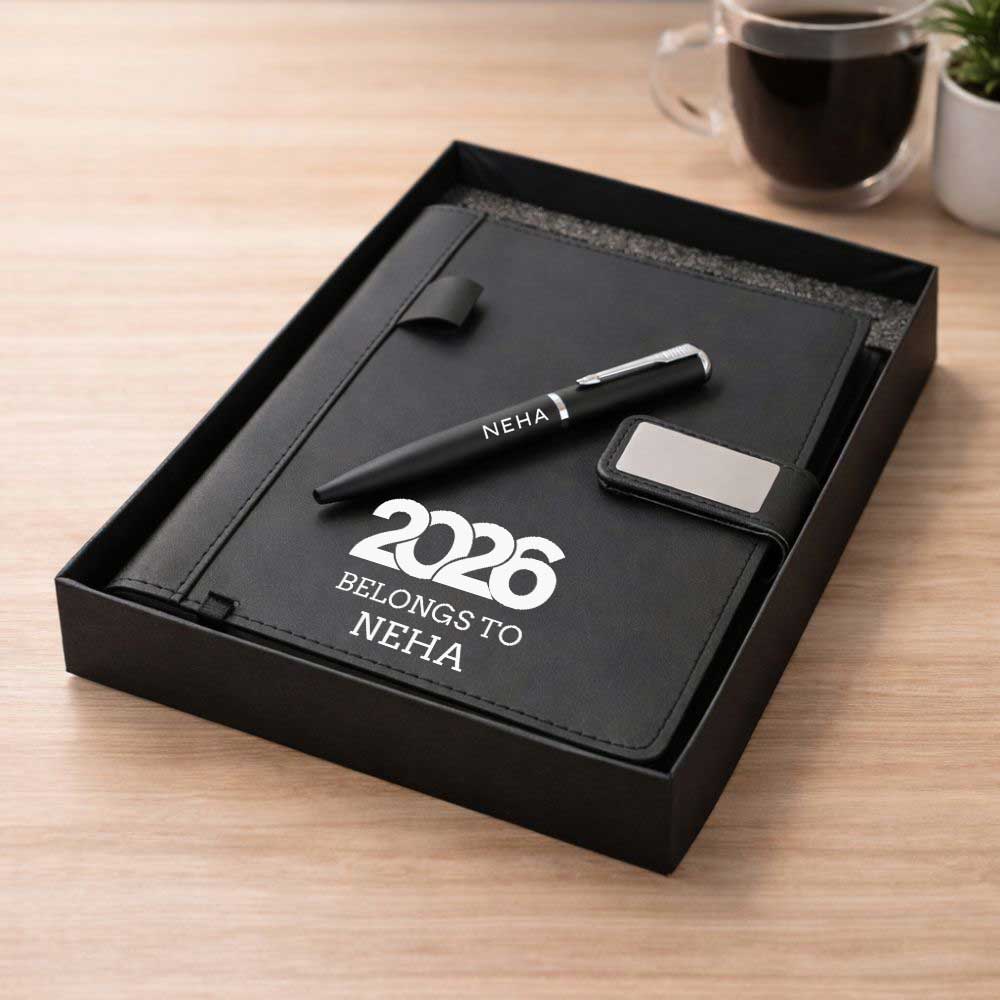Custom Diary with Matching Engraved Pen | Premium Leatherette Diary with Name Black Gift Box