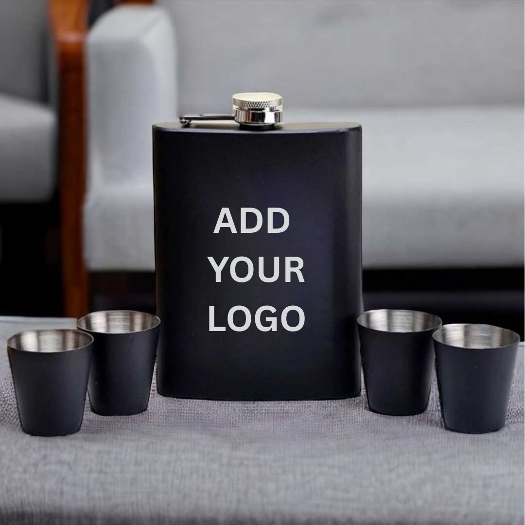 Personalized Engraved Hip Flask With Funnel And 4 Shot Glasses In Gift Box  - Add Logo