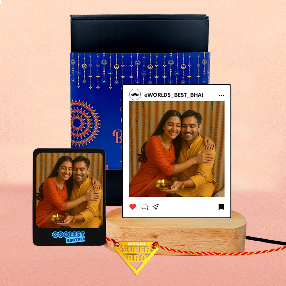Personalized Raksha Bandhan Gift Set for Brother – LED Photo Table Lamp, Fridge Magnet & Super Bro Acrylic Rakhi