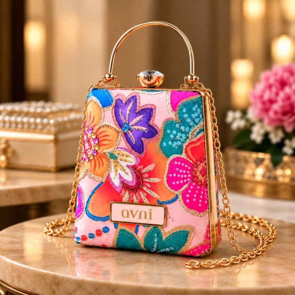 Custom Clutches Floral Ethnic Clutch Bag Box - Name Purse with Crystal Studded Push Lock, Golden Frame & Detachable Sling Chain