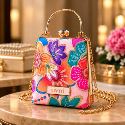 Custom Clutches Floral Ethnic Clutch Bag Box - Name Purse with Crystal Studded Push Lock, Golden Frame & Detachable Sling Chain