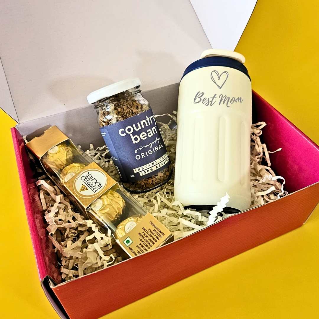 Mother’s Day Gift Box – Custom Temperature Controled Coffee Tumbler, 100% Arabica Coffee & Ferrero Rocher Chocolates