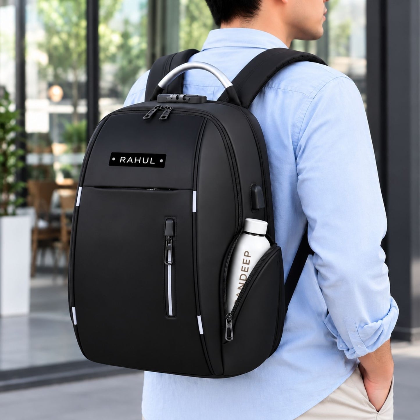 Custom Laptop Bag with Combination Lock Compartment | Personalised Travel Backpack with USB Charging Port & Anti-Theft Design