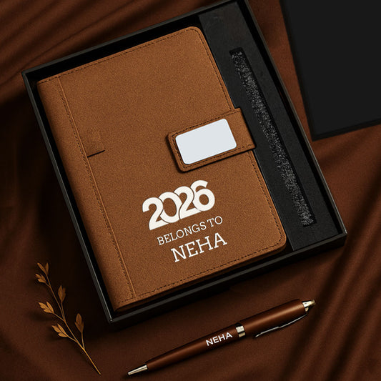 Custom Diary with Matching Engraved Pen | Premium Leatherette Diary with Name Black Gift Box