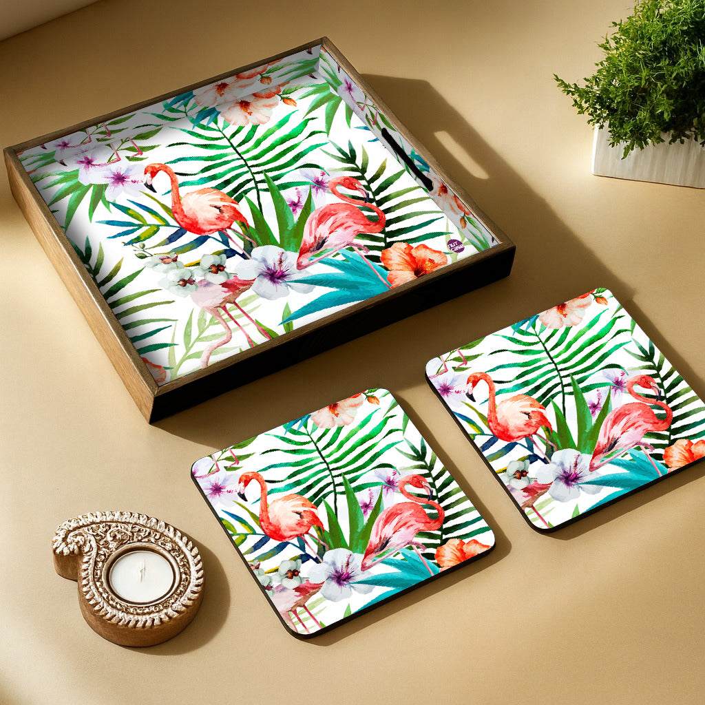 Festive MDF Wooden Tray with 4 Metal Coasters & Decorative Candle Diya – Diwali Gift Set