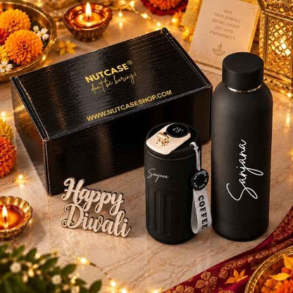Personalized Coffee tumbler and Water Bottle Diwali Gift Set Box - Insulated Black Coffee Tumbler (500 ml), Thermos Black Water Bottle (500 ml) & Golden Happy Diwali Cutout in a Festive Gift Box
