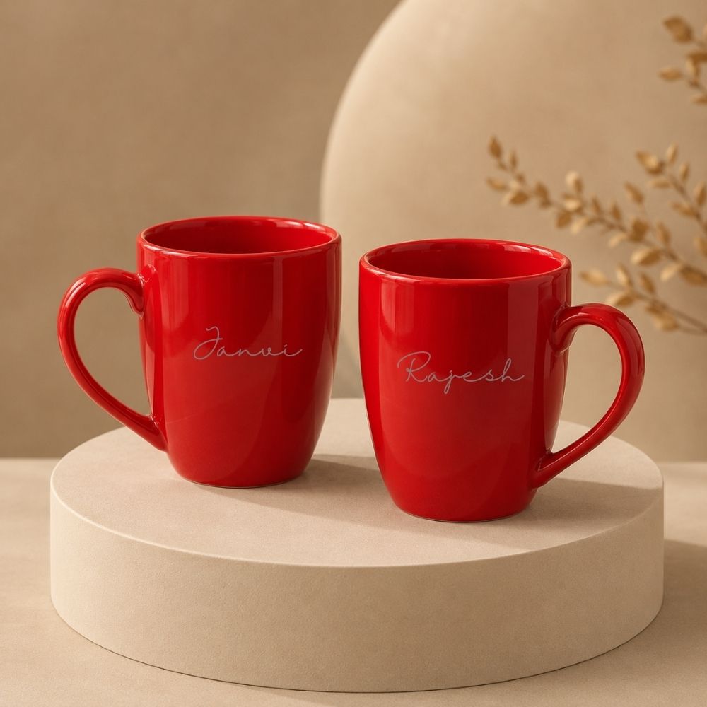 Personalized Red Mugs | Custom Ceramic Coffee Cups Set of 2 | 350 ML Tea Cups