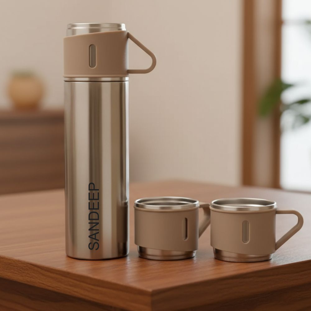 Custom Travel Mug Thermos With 2 Cups Gift Box Set - Add Name