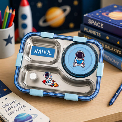 Personalized Kids Stainless Steel Lunch Box with Sealed Bowl | 3 Compartment Leakproof Tiffin Box with bowl