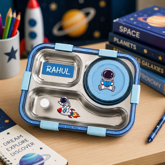 Personalized Kids Stainless Steel Lunch Box with Sealed Bowl | 3 Compartment Leakproof Tiffin Box with bowl