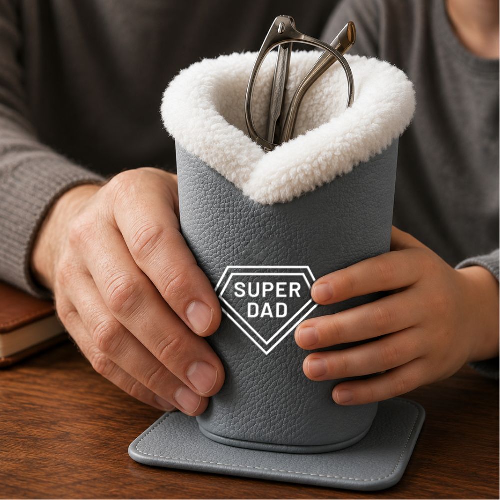 Plush Eyeglasses Holder for Dad | Fathers Day Gift | Faux Leather Pen Stand Case with Magnetic Base