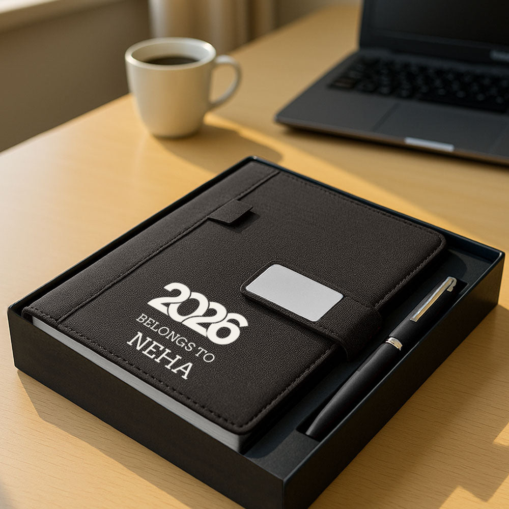 Custom Diary with Matching Engraved Pen | Premium Leatherette Diary with Name Black Gift Box