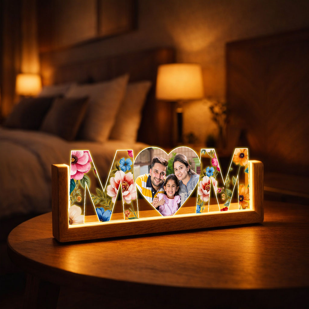 Customized Photo Lamp for Mom – Premium LED Desk Lamp with Wooden Base
