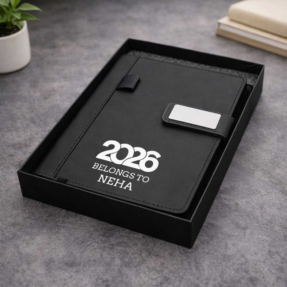 Custom Diary with Matching Engraved Pen | Premium Leatherette Diary with Name Black Gift Box