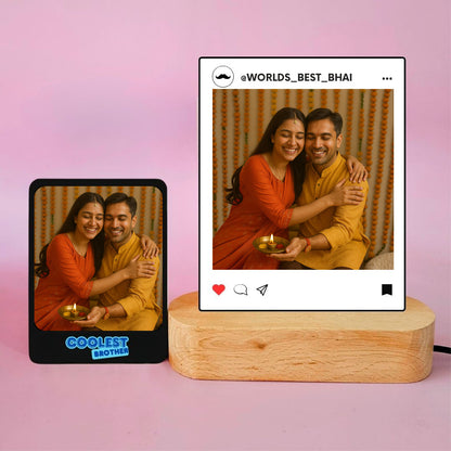 Personalized Raksha Bandhan Gift Set for Brother – LED Photo Table Lamp, Fridge Magnet & Super Bro Acrylic Rakhi