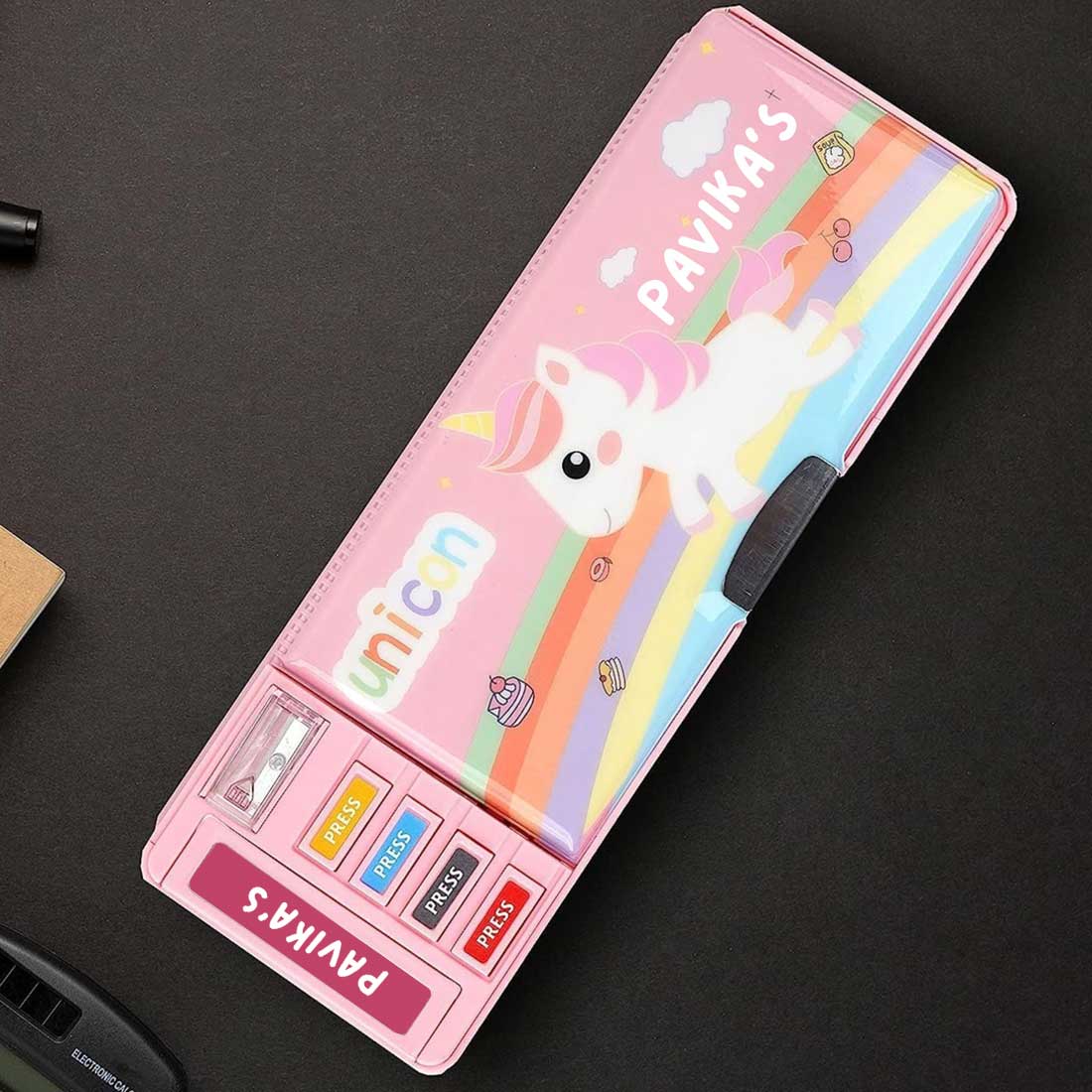 Personalised Pencil Box Switch Operated Multi-functional Compass Box for Kids with Press buttons