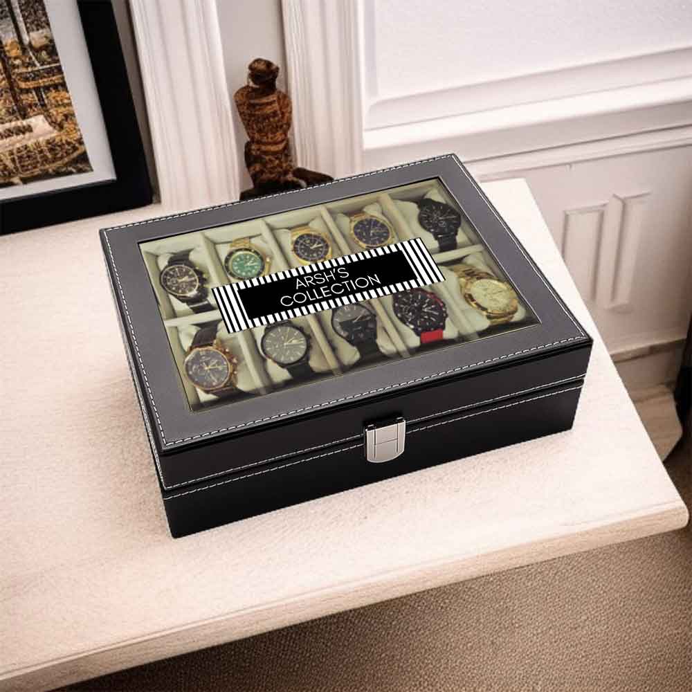 Personalized Watch Box-Stores 6, 10 Watches PU Leather Storage Case-Black