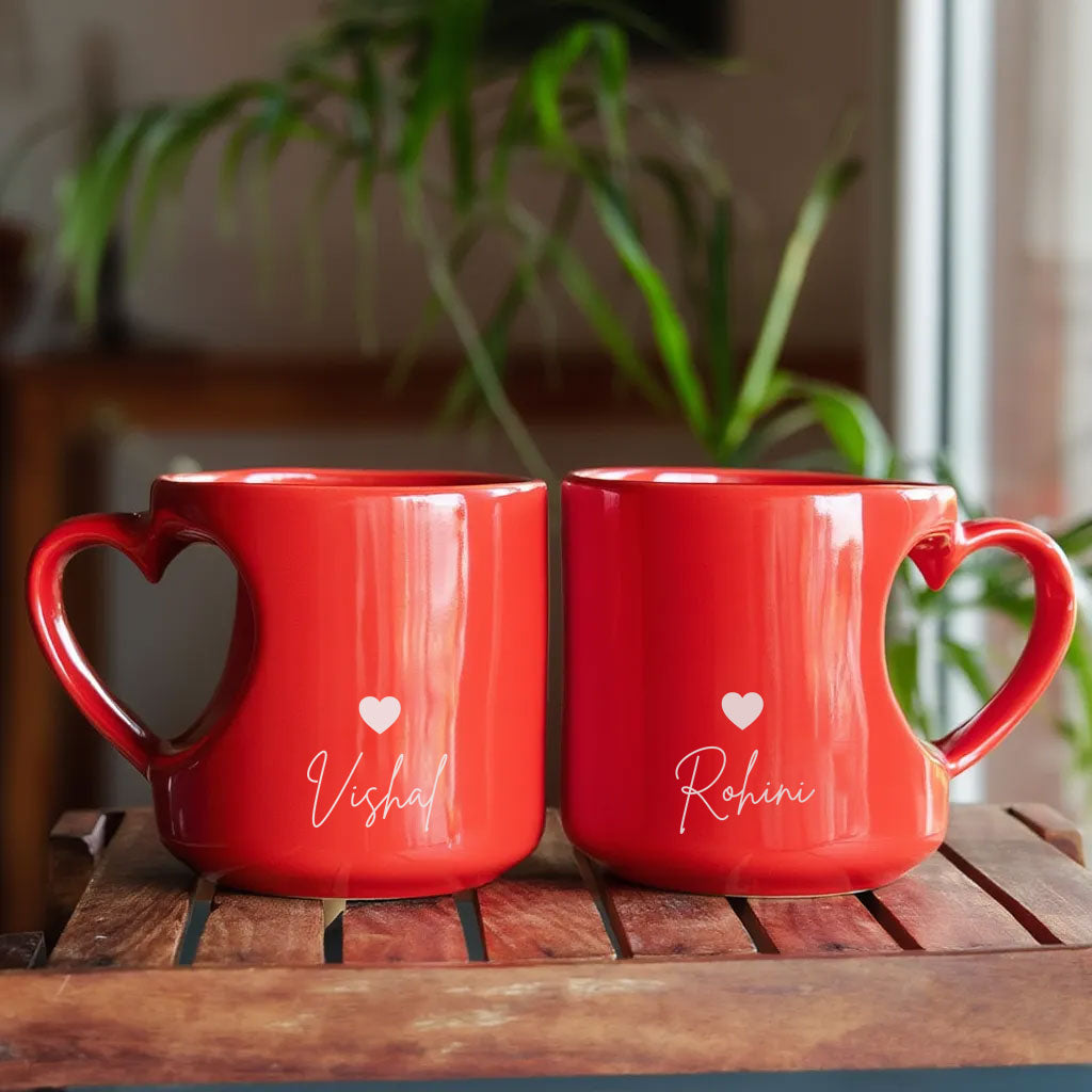 Custom Coffee Mugs for Couple – Red Heart Handle Cups with Name