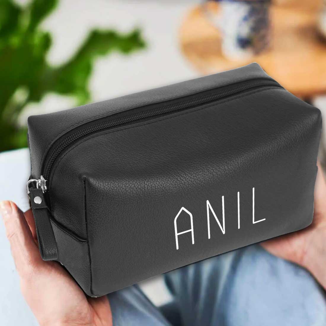 Traveling Pouch with Name - Black Leather Organizer Pouch