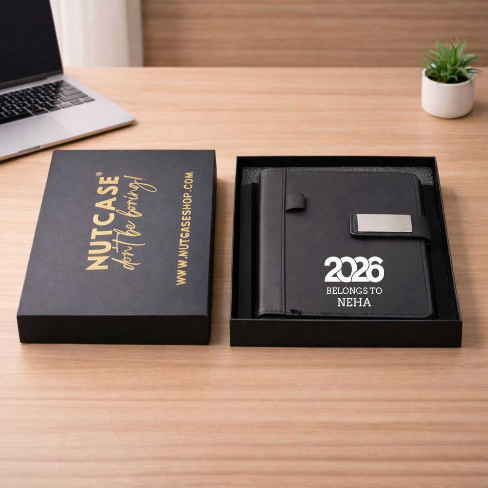 Custom Diary with Matching Engraved Pen | Premium Leatherette Diary with Name Black Gift Box