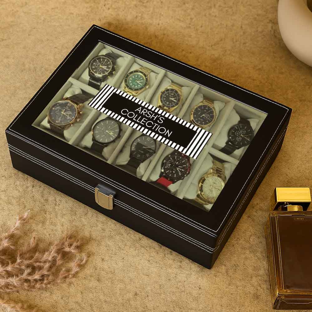 Personalized Watch Box-Stores 6, 10 Watches PU Leather Storage Case-Black