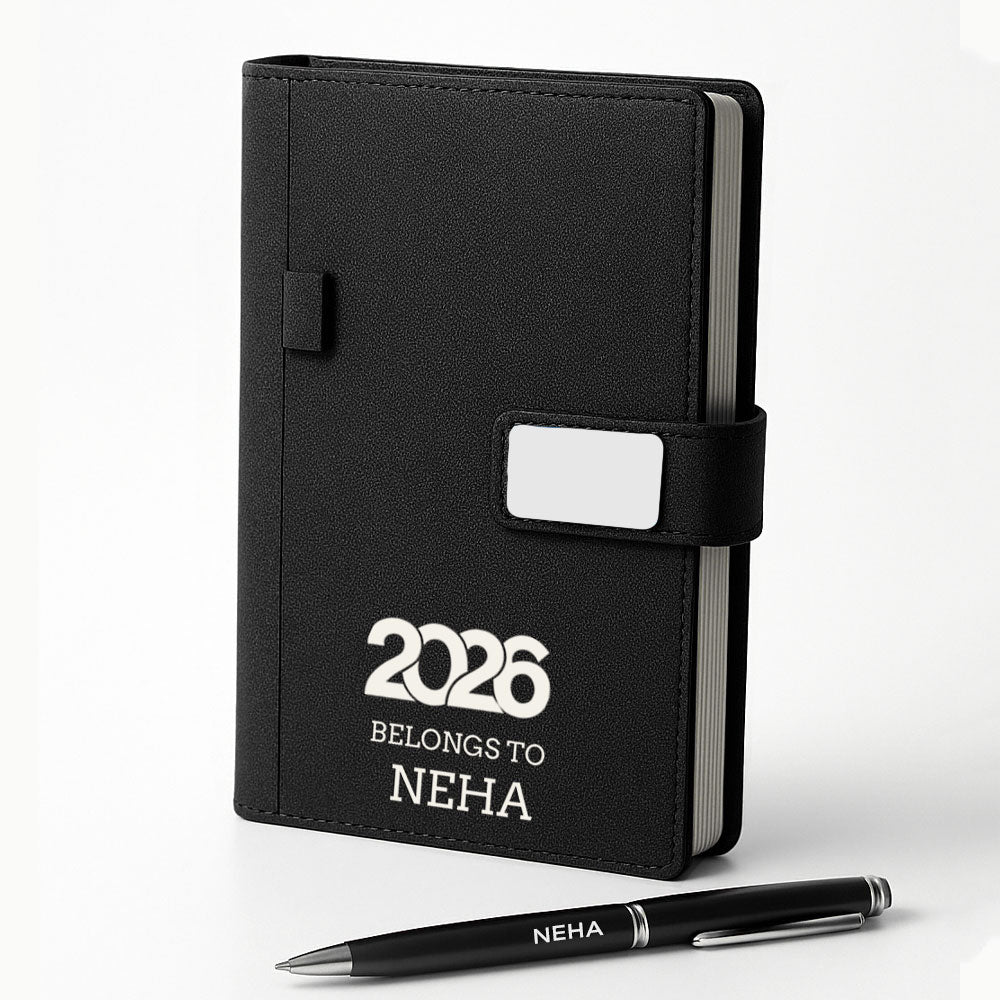 Custom Diary with Matching Engraved Pen | Premium Leatherette Diary with Name Black Gift Box