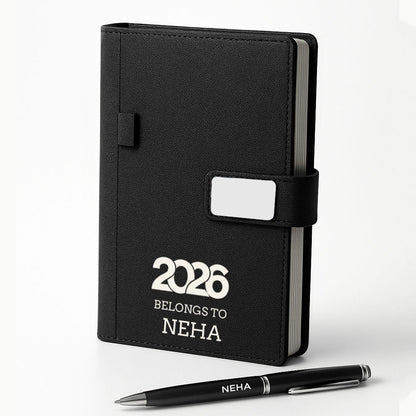 Custom Diary with Matching Engraved Pen | Premium Leatherette Diary with Name Black Gift Box