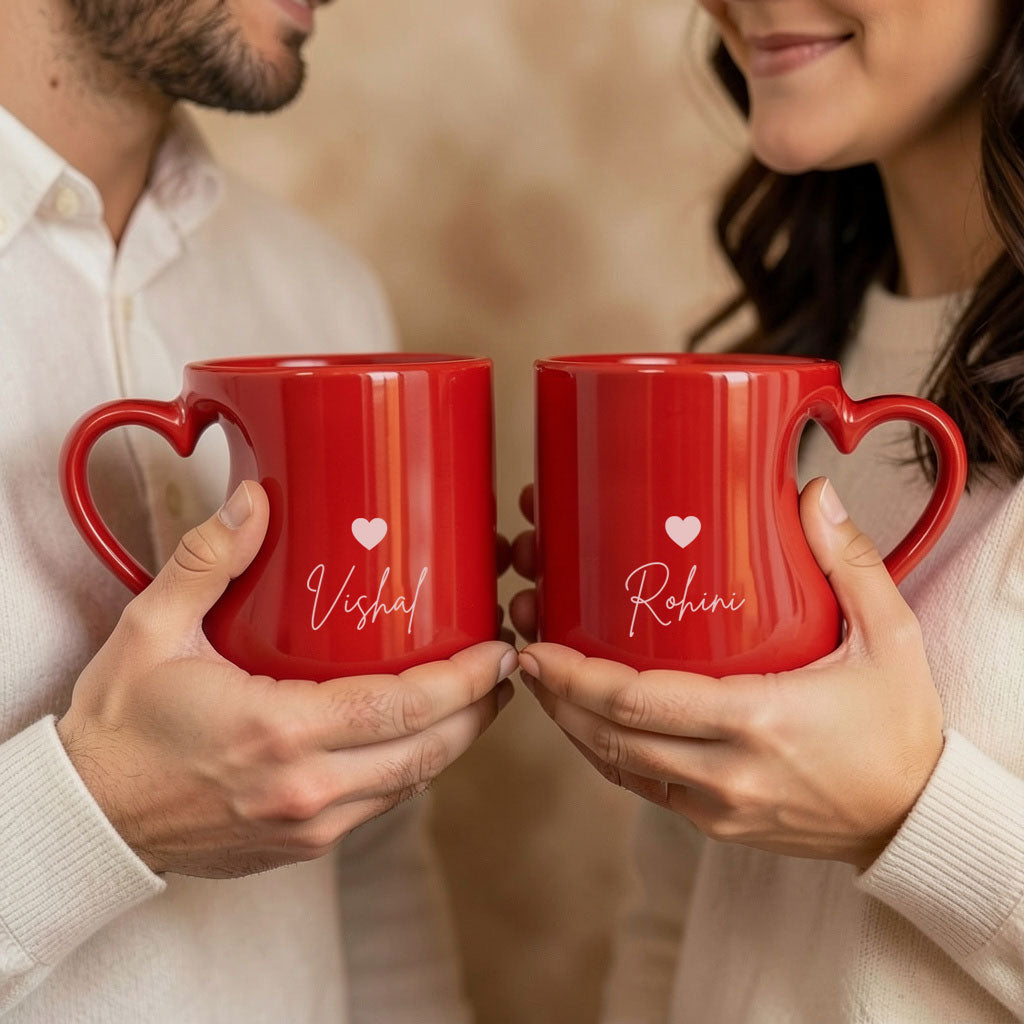 Custom Coffee Mugs for Couple – Red Heart Handle Cups with Name