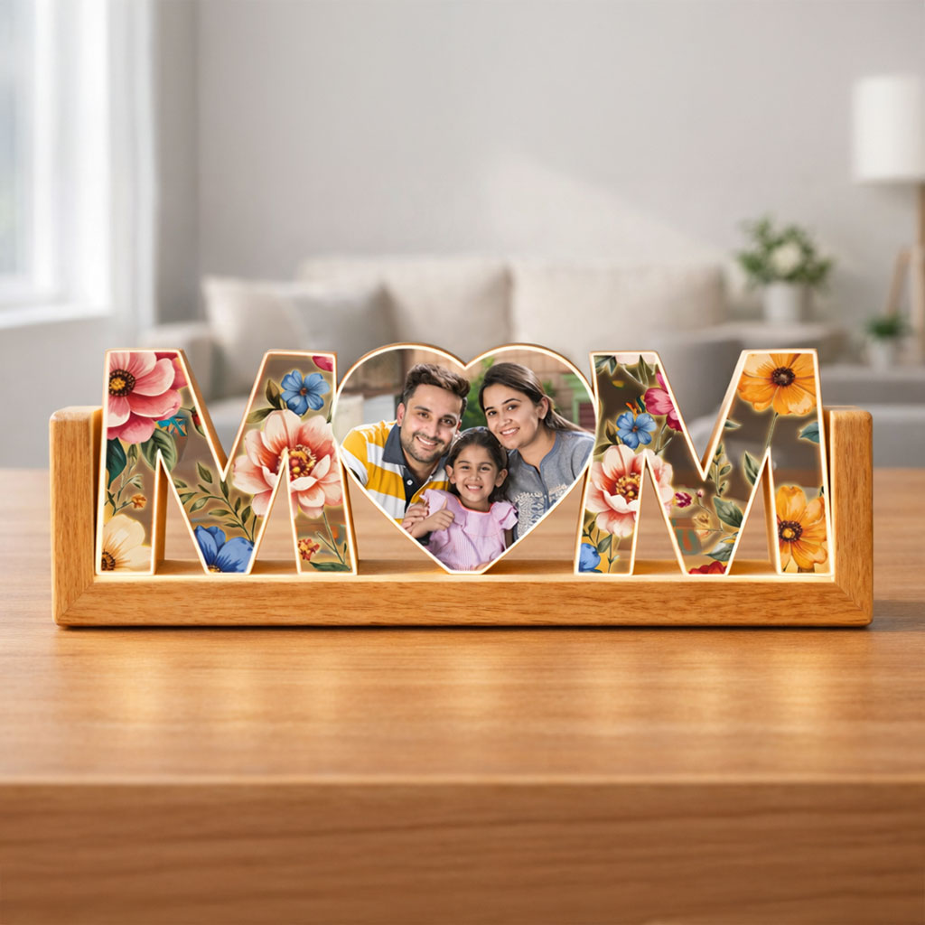 Customized Photo Lamp for Mom – Premium LED Desk Lamp with Wooden Base