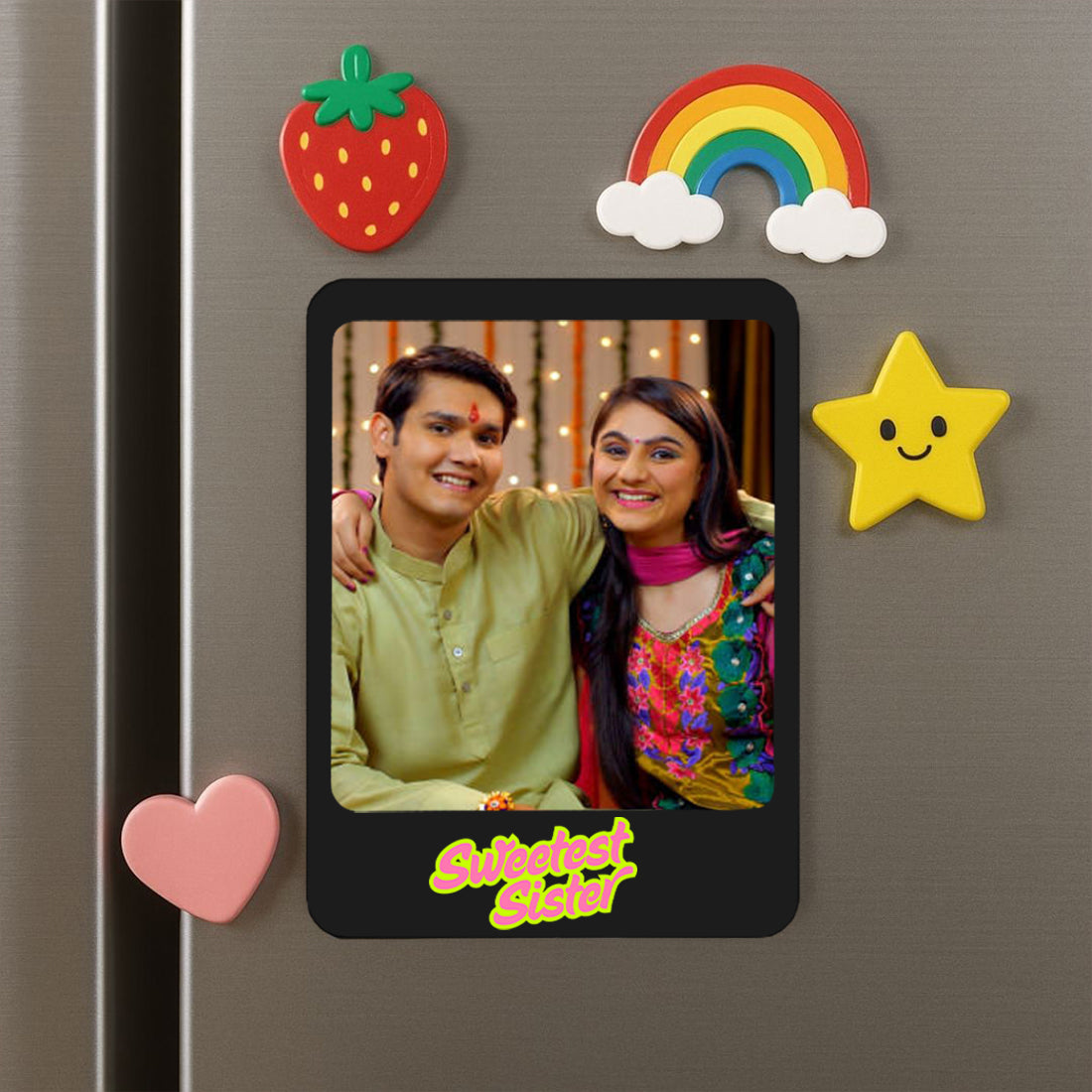 Personalized Raksha Bandhan Gift Box  Photo Fridge Magnet Set of 2 – Unique Polaroid Style Acrylic Photo Frames With Chocolate