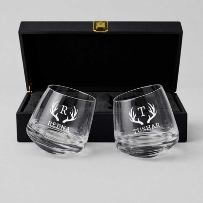 Customized Rotating Whiskey Glass Set of 2 – Engraved Premium Alcohol Glass with Gift Box