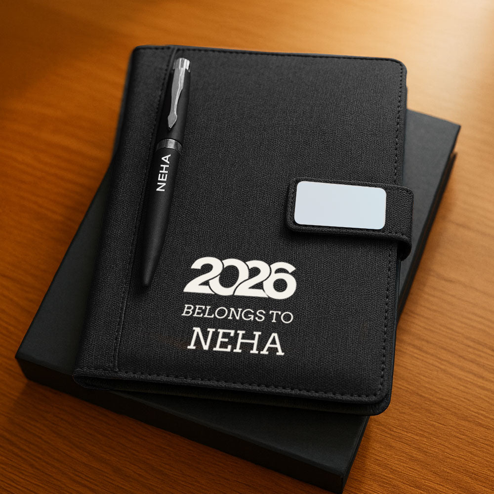 Custom Diary with Matching Engraved Pen | Premium Leatherette Diary with Name Black Gift Box