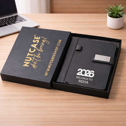 Custom Diary with Matching Engraved Pen | Premium Leatherette Diary with Name Black Gift Box